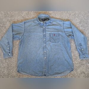 Vintage Polo Ralph Lauren Big Shirt Men's Blue Denim Red Pony Pocket Size XL